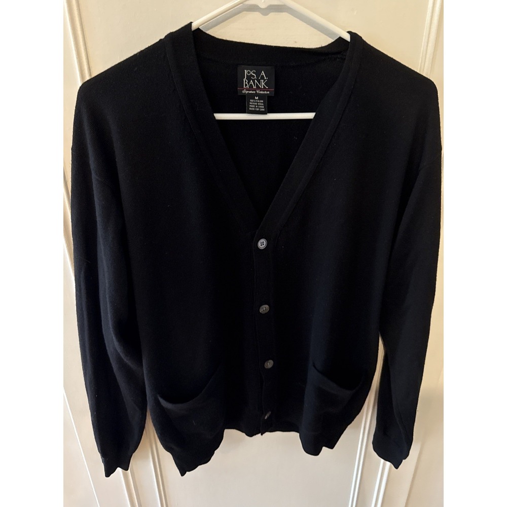 Jos A Banks Men's Cardigan Sweater Size Medium Merino Wool Blend Black Pockets